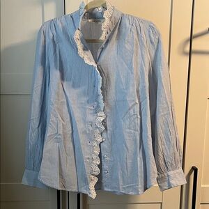 Blue Button-Up Shirt with Lace Trim